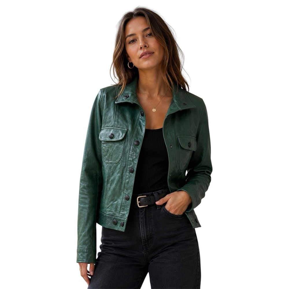 FRAME Atelier Green 100% Lamb Leather Trucker Jacket Snap Front Utility XS - Picture 1 of 12